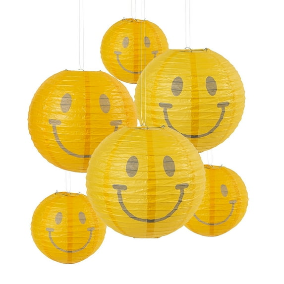 Fun Express Groovy Smiley Face Hanging Paper Lanterns - Vibrant Multi-Color Design for Parties Home Décor Events and Celebrations - Ideal for Fun-Themed Decorations Birthdays & More - 6 Pieces