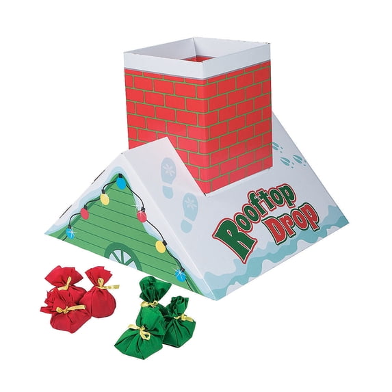 Fun Express Holiday Rooftop Drop Bean Bag Toss Game, Christmas, 8 Pieces, Cardboard, 18" x 18" x 17"