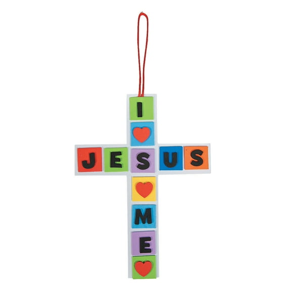 Fun Express "I Love Jesus Jesus Loves Me" Cross Craft Kit - DIY Crafting Kit for Signs Hanging Decor and Religious Projects Perfect for Church Events Sunday School and Crafting Fun - 12 Pieces