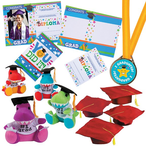 Fun Express Kids Red Elementary School Graduation Mortarboard Hats with Awards Kit for 12