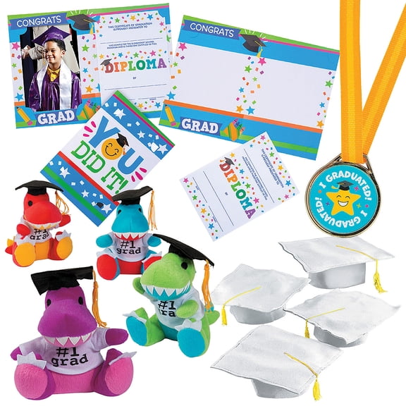 Fun Express Kids White Elementary School Graduation Mortarboard Hats with Awards Kit for 12