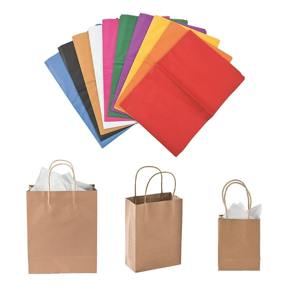 Fun Express Kraft Paper Bags & Assorted Tissue Paper Kit Small, Medium & Large - 136 Pc