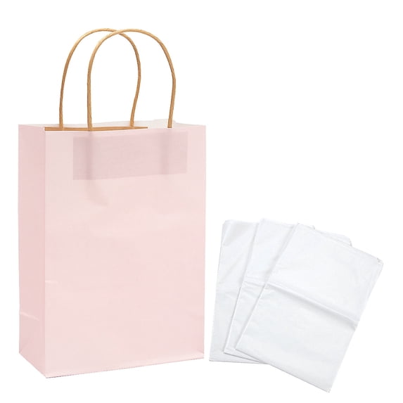 Fun Express Kraft Paper Gift Bags & White Tissue Paper Kit Assortment May Vary, Medium Blush, 6 1/2" x 9"