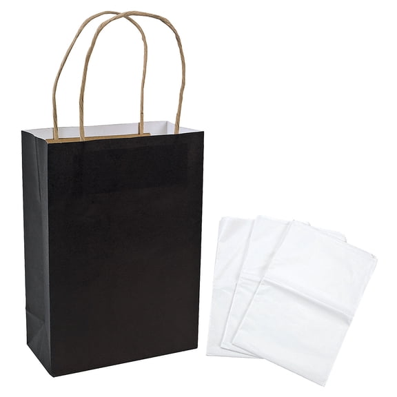 Fun Express Kraft Paper Gift Bags & White Tissue Paper Kit, Black, Medium, 6 1/2" x 9"