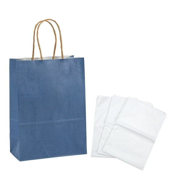 Fun Express Kraft Paper Gift Bags & White Tissue Paper Kit, Blue, Medium, 6 1/2" x 9"