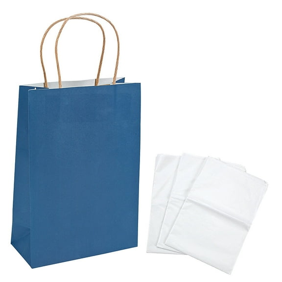 Fun Express Kraft Paper Gift Bags & White Tissue Paper Kit, Navy Blue, Medium, 6 1/2" x 9"