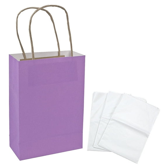 Fun Express Kraft Paper Gift Bags & White Tissue Paper Kit, Purple, Medium, 6 1/2" x 9"