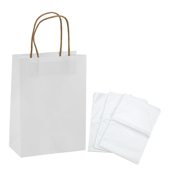 Fun Express Kraft Paper Gift Bags & White Tissue Paper Kit, White, Medium, 6 1/2" x 9"
