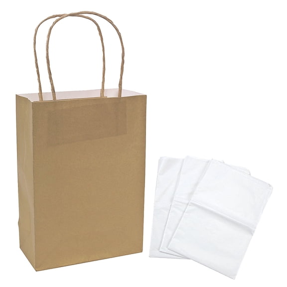 Fun Express Kraft Paper Gift Bags & White Tissue Paper Kit for 12, Gold, Medium, 6 1/2" x 9"
