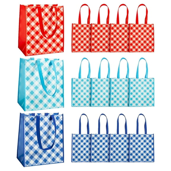 Fun Express Laminated Nonwoven Gingham Tote Bags, Large 12" x 14"- 12 Pc