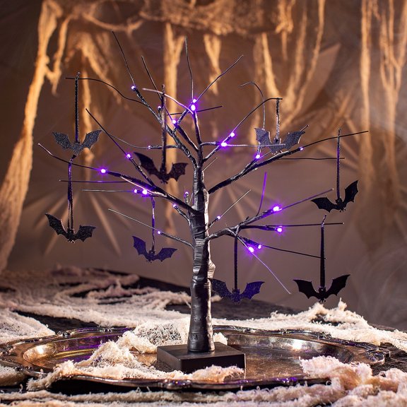 Fun Express Light-Up Black Tree Halloween Tabletop Decoration with Bats