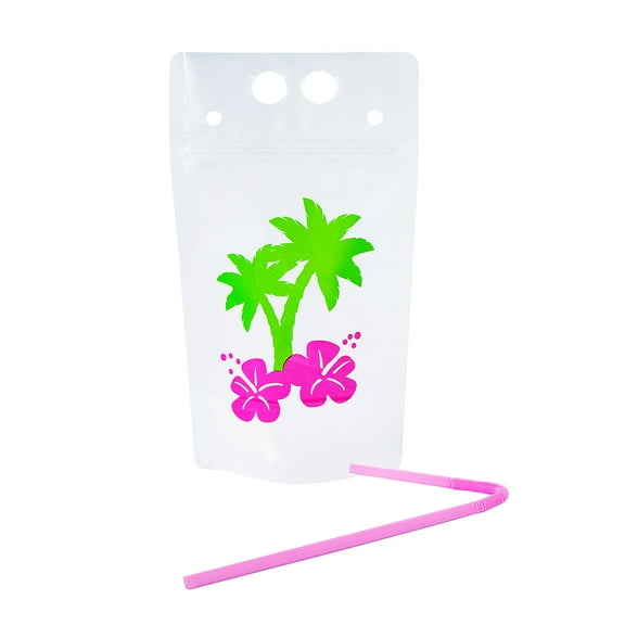 Fun Express Luau Party Collapsible BPA-Free Plastic Drink Pouches with Straws - 25 Count
