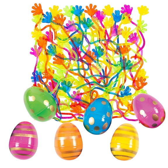Fun Express Metallic Design Multicolor Plastic Easter Egg & Sticky Toy Kit for 72