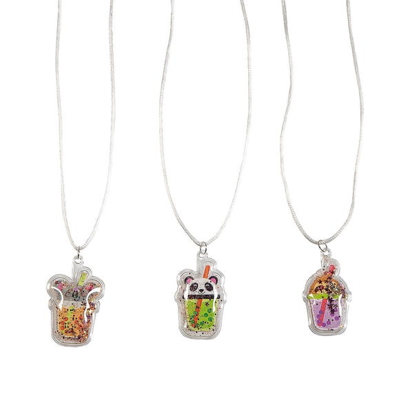 Fun Express Mini Sweet Animal Boba Tea Glitter Necklaces - 12 Pieces