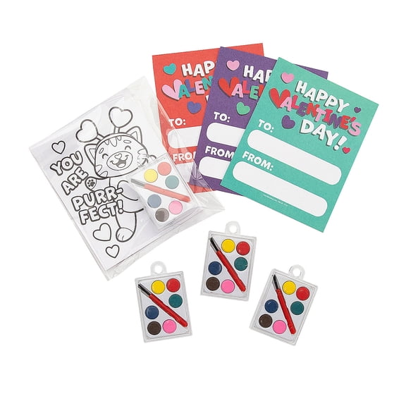 Fun Express Mini Watercolor Paints Valentine Exchanges with Coloring Card for 24