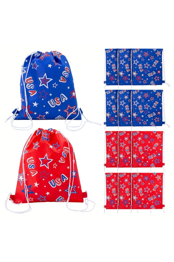 Patriotic Nonwoven Drawstring Bags, Medium 12" x 15"- 12 Pieces