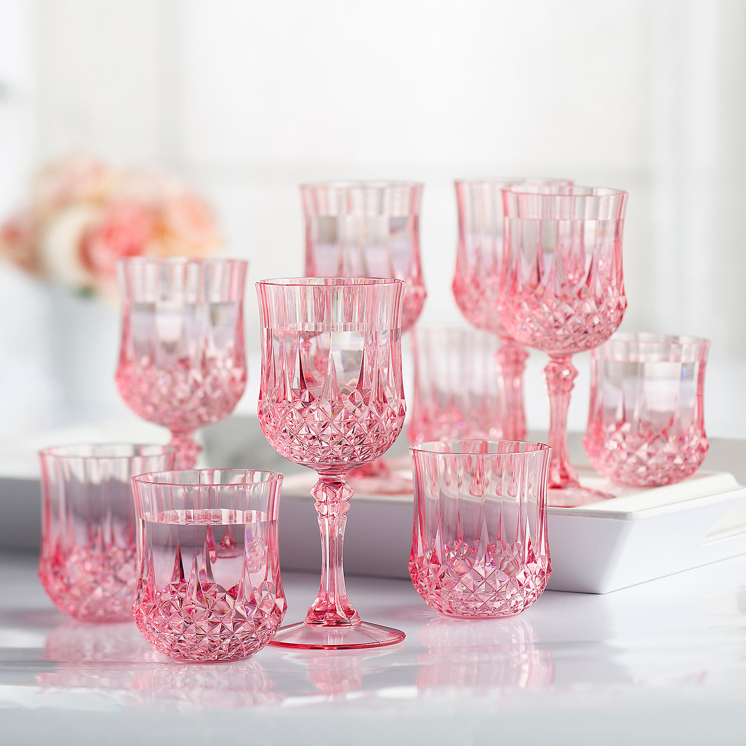8 Oz. Bulk 48 Ct. Pink Stemless Patterned Plastic Wine Glasses