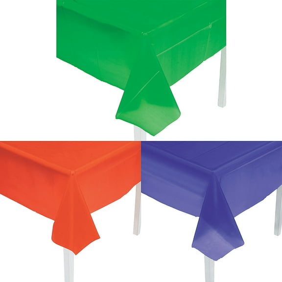 Fun Express Rectangle Disposable Plastic Tablecloth Assortment Orange, Purple & Green, 9 Ft- 6 Pc