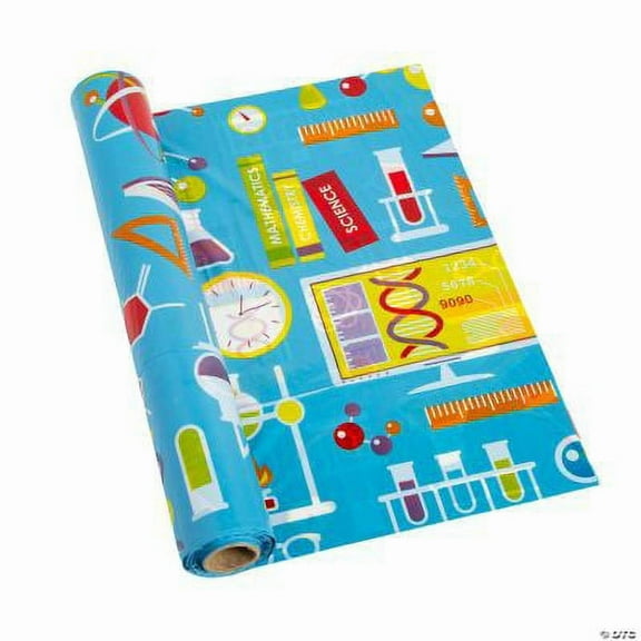 Fun Express Science Party Plastic Tablecloth Roll - Vibrant and Fun Decor for Science -Themed Birthday Parties Special Celebrations and Classroom Events - Durable Easy to Clean -1 Piece