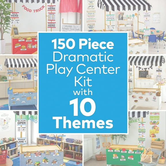 Fun Express Seasonal Dramatic Play Center Classroom Decorations with 10 Store Themes - 151 Pieces