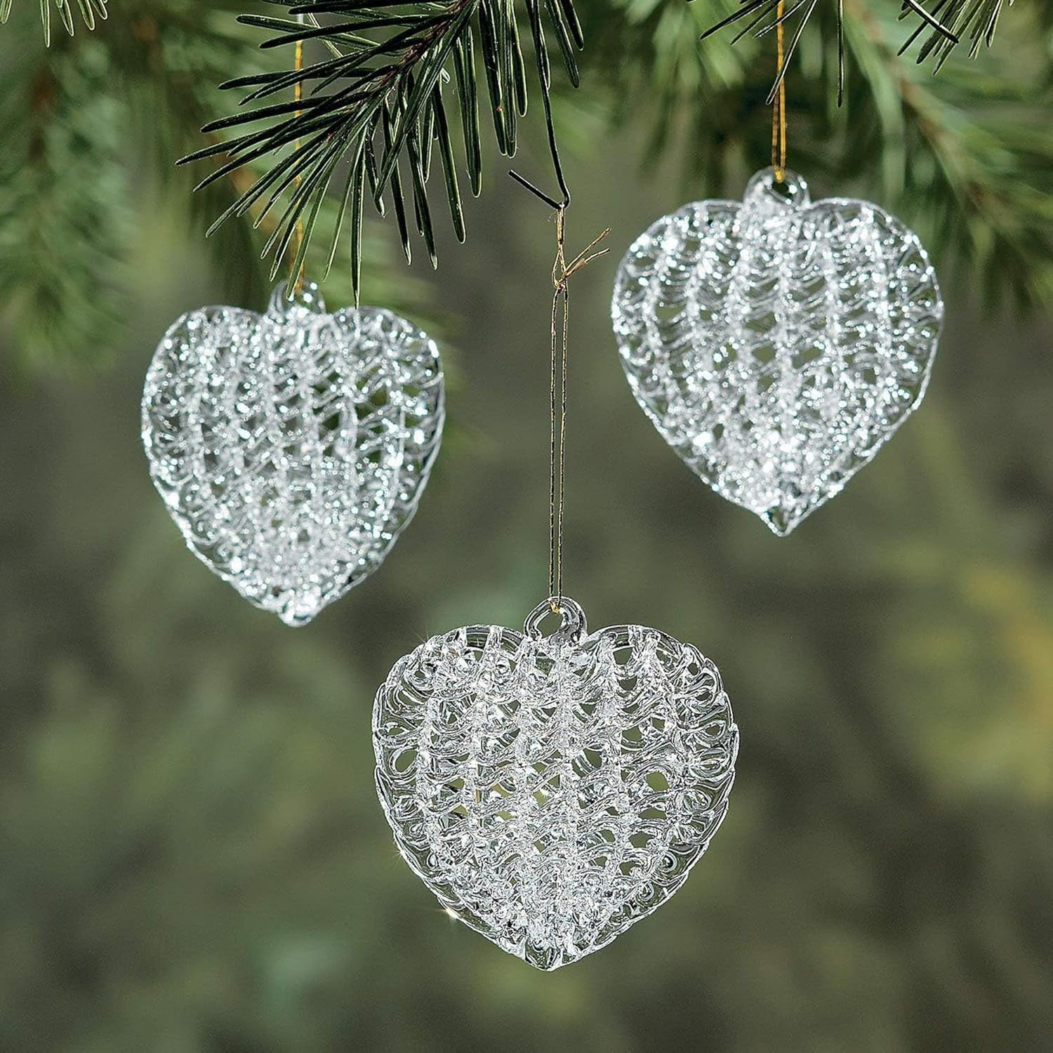 Fun Express Set of 12 Heart Shaped Spun Glass Christmas Ornaments
