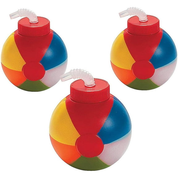 Fun Express Set of 12 Pieces Beach Ball Cups with Straws, Holds 23 oz, Summer Party Supplies, Multi-Color