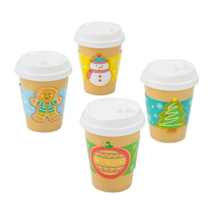 Fun Express Small Christmas Cookie Paper Coffee Cups with Lids & Sleeves - 12 Pc