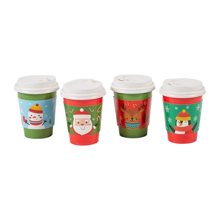 3 3/4" 9 oz. Small Christmas Characters Disposable Paper Coffee Cups with Lids - 12 Count
