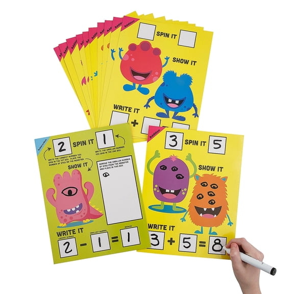 Fun Express Spin, Write & Show It Dry Erase Monsters Math Mats - 24 Pieces