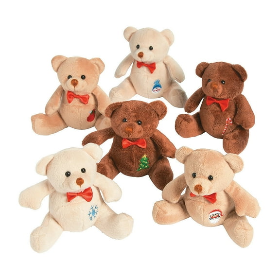 Fun Express - SuedE-Like Hol. Patchwork Bean Bag Bears for Christmas - Toys - Plush - Bean Bag Animals - Christmas - 12 Pieces