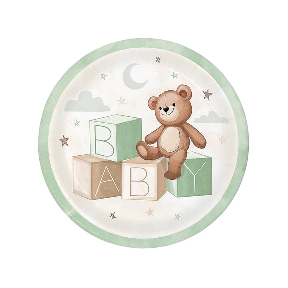 Fun Express Teddy Bear Paper Dinner Plates with Green Trim - 8 Ct