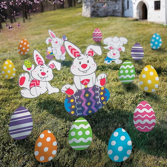 Fun Express Tumbling Bunnies & Mini Easter Egg Yard Sign Assortment - 28 Pc