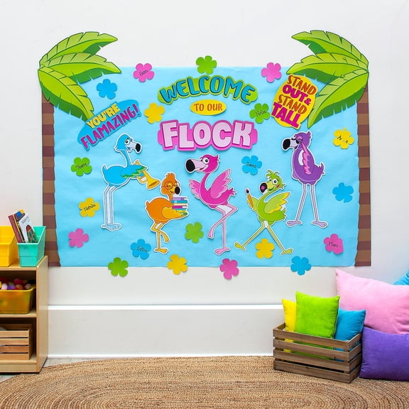 Fun Express Welcome to Our Flock Flamingo Classroom Bulletin Board Set - 56 Pieces