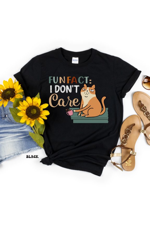 Fun Fact I Dont Care Funny Cat T Shirt Sarcastic Cute Cat Graphic Tee S-3XL
