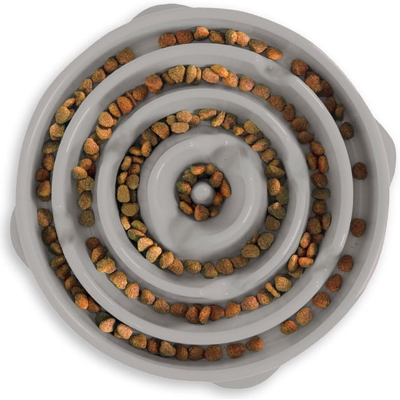 Fun Feeder Slo Bowl – Large 4‑Cup Capacity, Slow Feeding, Medium to Large Dogs, Non‑Slip, Gray, Drop Pattern, 11.75"