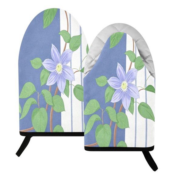 Fun Fish Mouth Oven Mitts 9.5x5.7in Cotton Pot Holders Heat Resistant Grill Gloves for Kitchen BBQ Decor Blue Clematis Flower