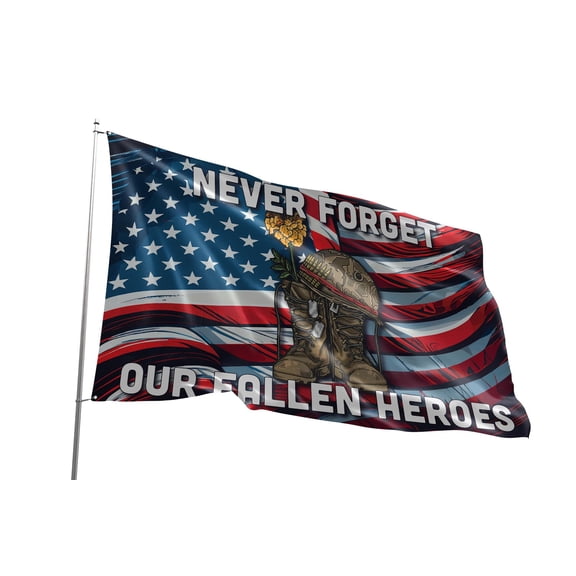 Fun Flags Never Forget Our Fallen Heroes Banner- Weather Resistant American Flag, USA Flag, Veteran Flag with Double Sided Art, Military Memorial Flag for Indoor or Outdoor Use