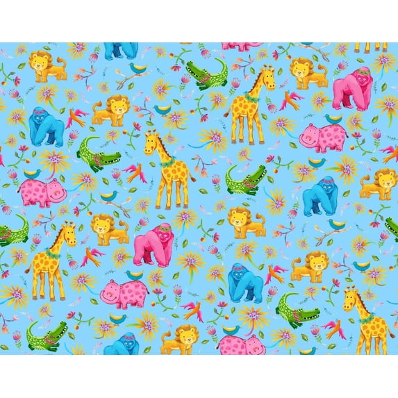Fun Flannel- Jungle Animals Aqua Fabric - Walmart.com