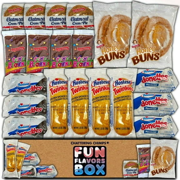 Fun Flavors Box Baked Pastry Dessert Snack Care Package - 20 Snacks Variety Assortment of Cookies, Cakes, Brownies, Cupcakes, Bakery Snack Gift Box