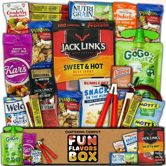 Fun Flavors Box Deluxe Fitness Snacks Care Package - 20 Snacks Variety Assortment of Beef Jerky, Fruit Snacks, Protein Snack Gift Box with Jump Rope