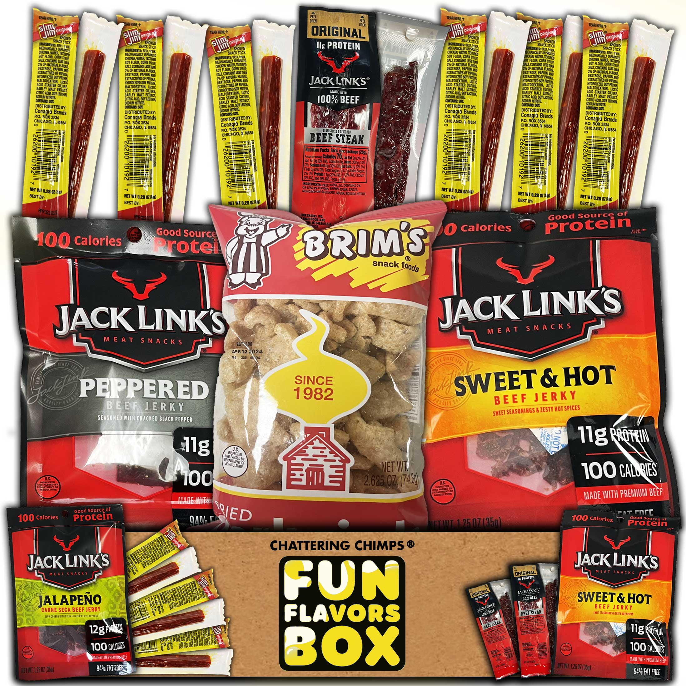 Fun Flavors Box Meat Lovers Jerky Snack Care Package - 11 Snacks Variety Assortment of Beef Jerky, Steak, Beef Sticks, Favorite Protein Snack Gift Box