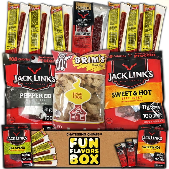 Fun Flavors Box Meat Lovers Jerky Snack Care Package - 10 Snacks Variety Assortment of Beef Jerky, Steak, Beef Sticks, Favorite Protein Snack Gift Box