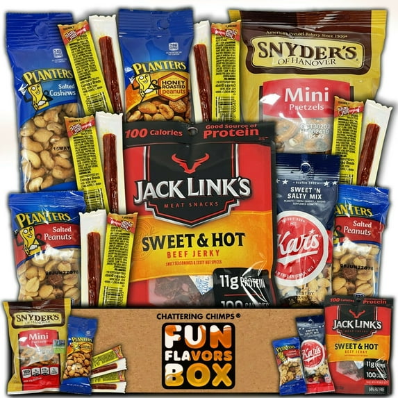 Fun Flavors Box Nuts and Beef Meat Lovers Jerky Care Package - 12 Snacks Variety Assortment of Beef Jerky, Mixed Nuts, Salty Protein Treats Gift Box