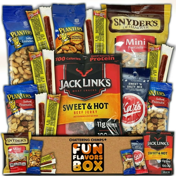 Fun Flavors Box Nuts and Beef Meat Lovers Jerky Care Package - 12 Snacks Variety Assortment of Beef Jerky, Mixed Nuts, Salty Protein Treats Gift Box