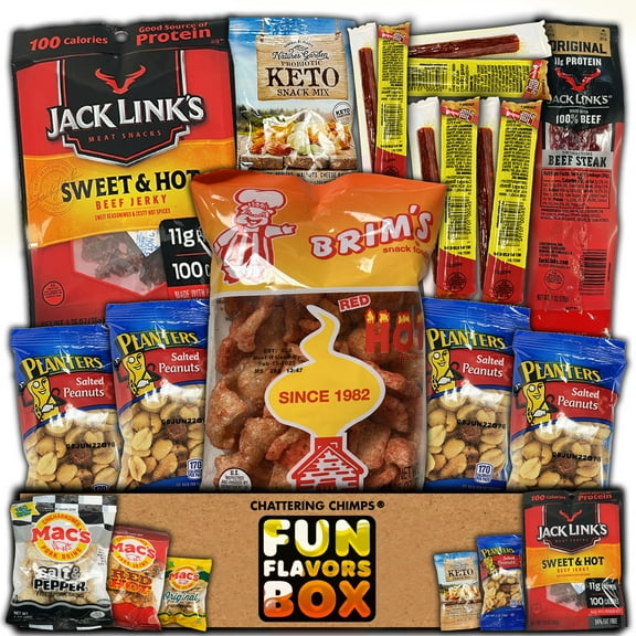 Fun Flavors Box- Snack Gift Box Valentines Variety Pack Gift Basket, 12 Snacks Beef Jerky, Mixed Nuts, Pork Rinds, Men Care Package