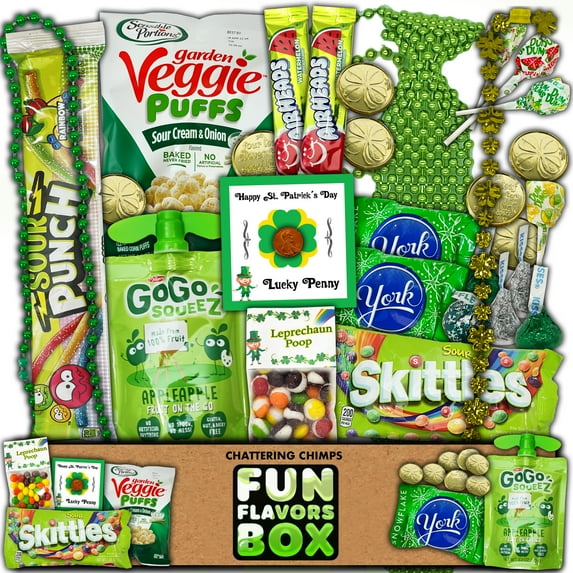 Fun Flavors Box St Patrick’s Day Variety Pack Gift Basket Care Package, Candy, Chips Lucky Green Irish Gift Box