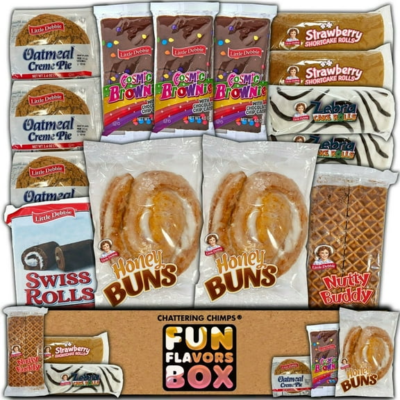 Fun Flavors Box Sweet Baked Good Pastry Snack Care Package - 16 Snacks Assorted Variety of Cookies, Brownies, Cakes, Sweet Treat Gift Box