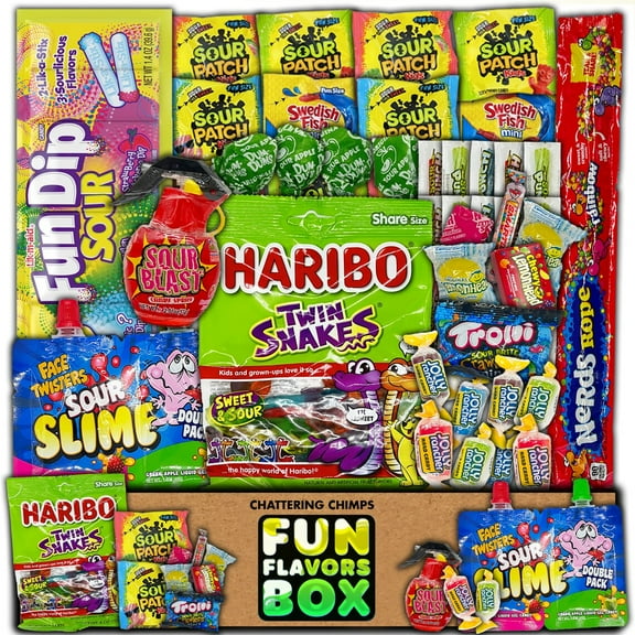 Fun Flavors Box- Sweet and Sour Candy Care Package, Thinking of You (45 Count) Variety Snack Box, Kids Candy Box Sampler