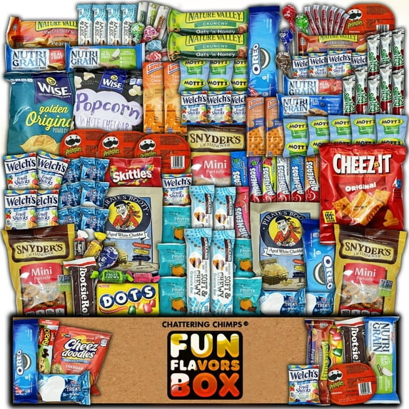 Fun Flavors Box Ultimate Variety Pack - 120 Count Care Package - Assorted Chips, Cookies, Candy, Bars, Snack Gift Box