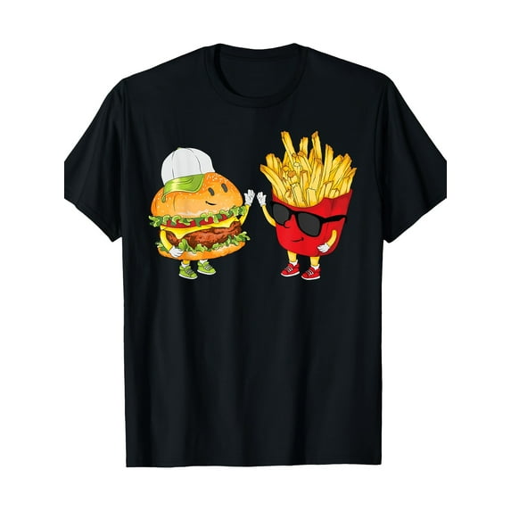 Fun Food-Themed 100% Cotton T-Shirt for Men - Hamburger & Fries High-Five Design, Casual Round Neck, Short Sleeve, Machine Washable - Cool Snack Combo Graphic Tee